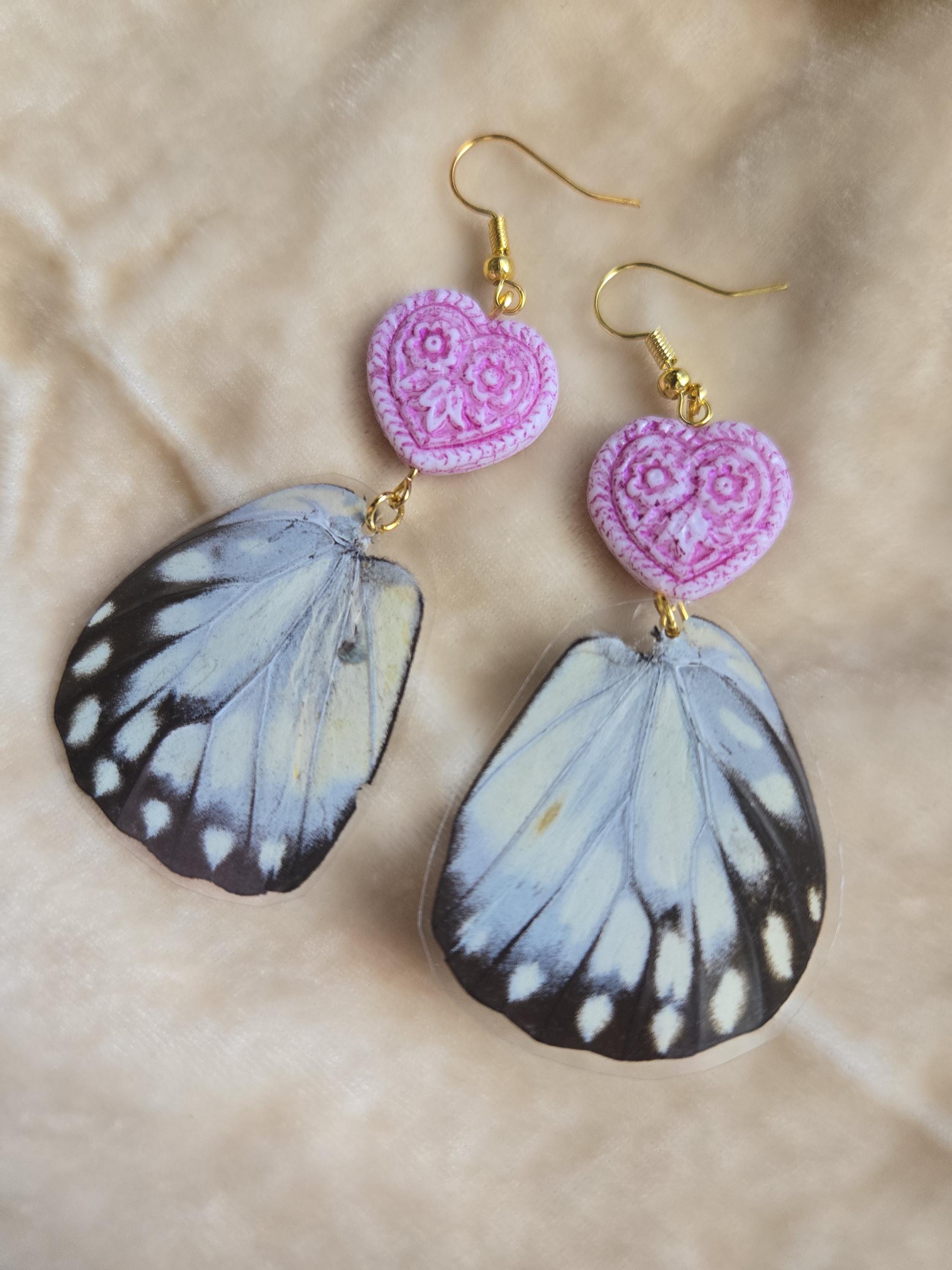 Blush Heart Butterfly Wing Drop Earrings