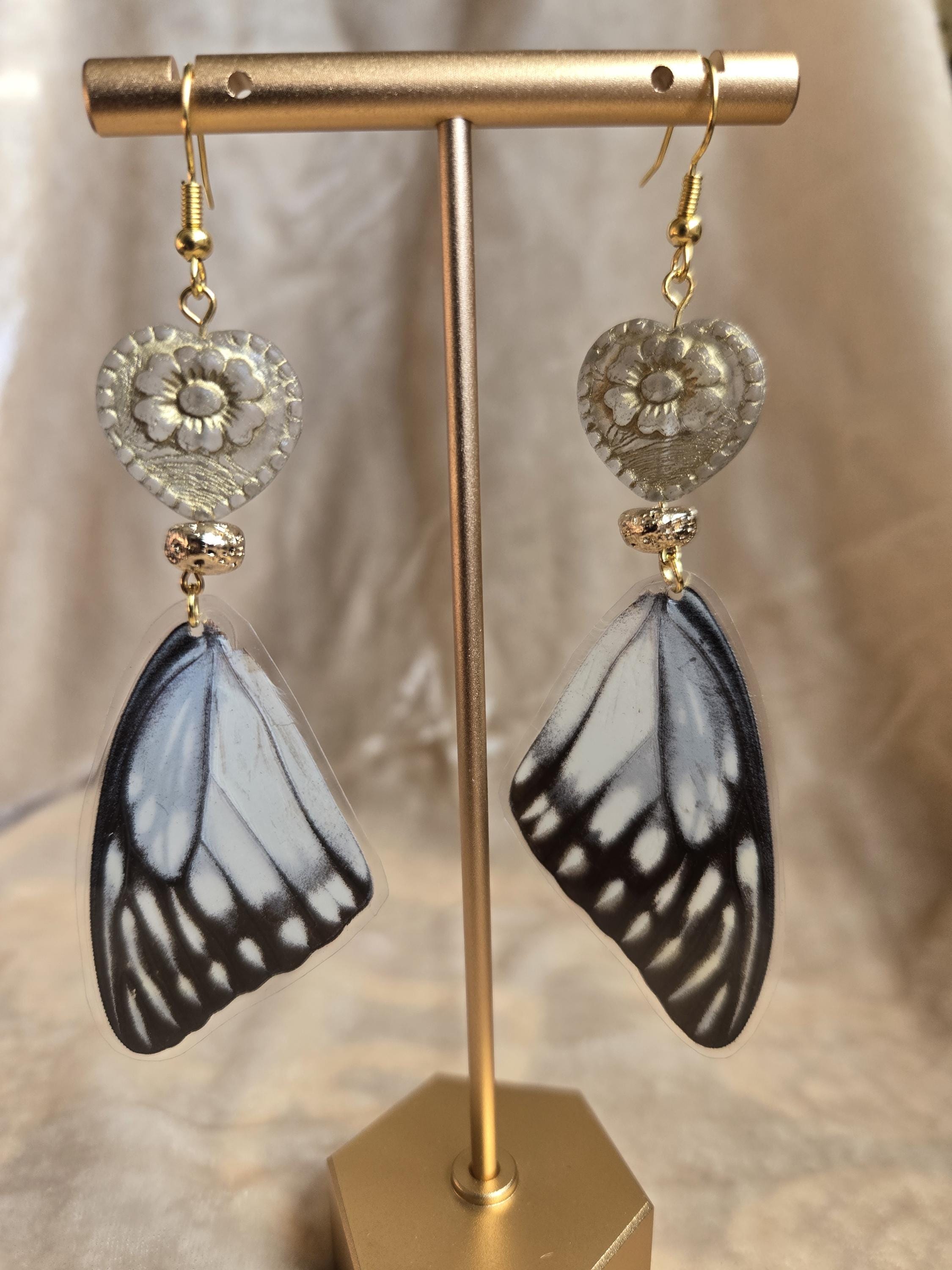 Antique Gold Heart Butterfly Wing Earrings