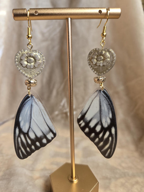Antique Gold Heart Butterfly Wing Earrings