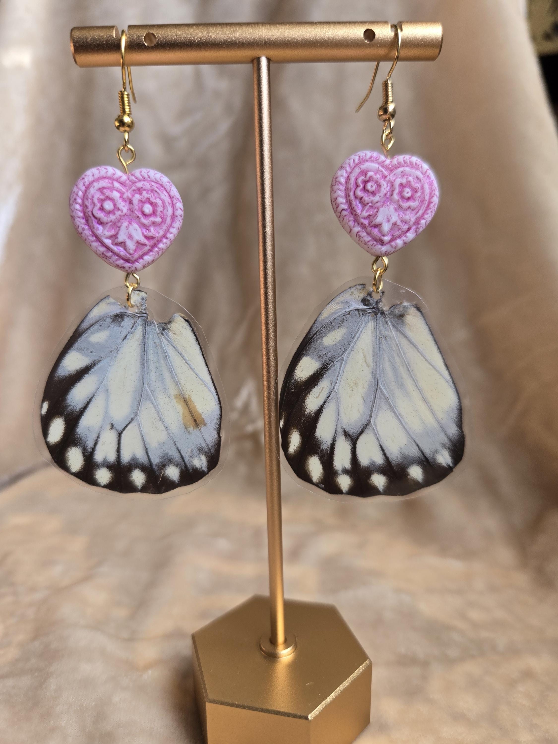 Blush Heart Butterfly Wing Drop Earrings