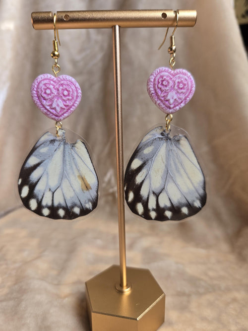 Blush Heart Butterfly Wing Drop Earrings