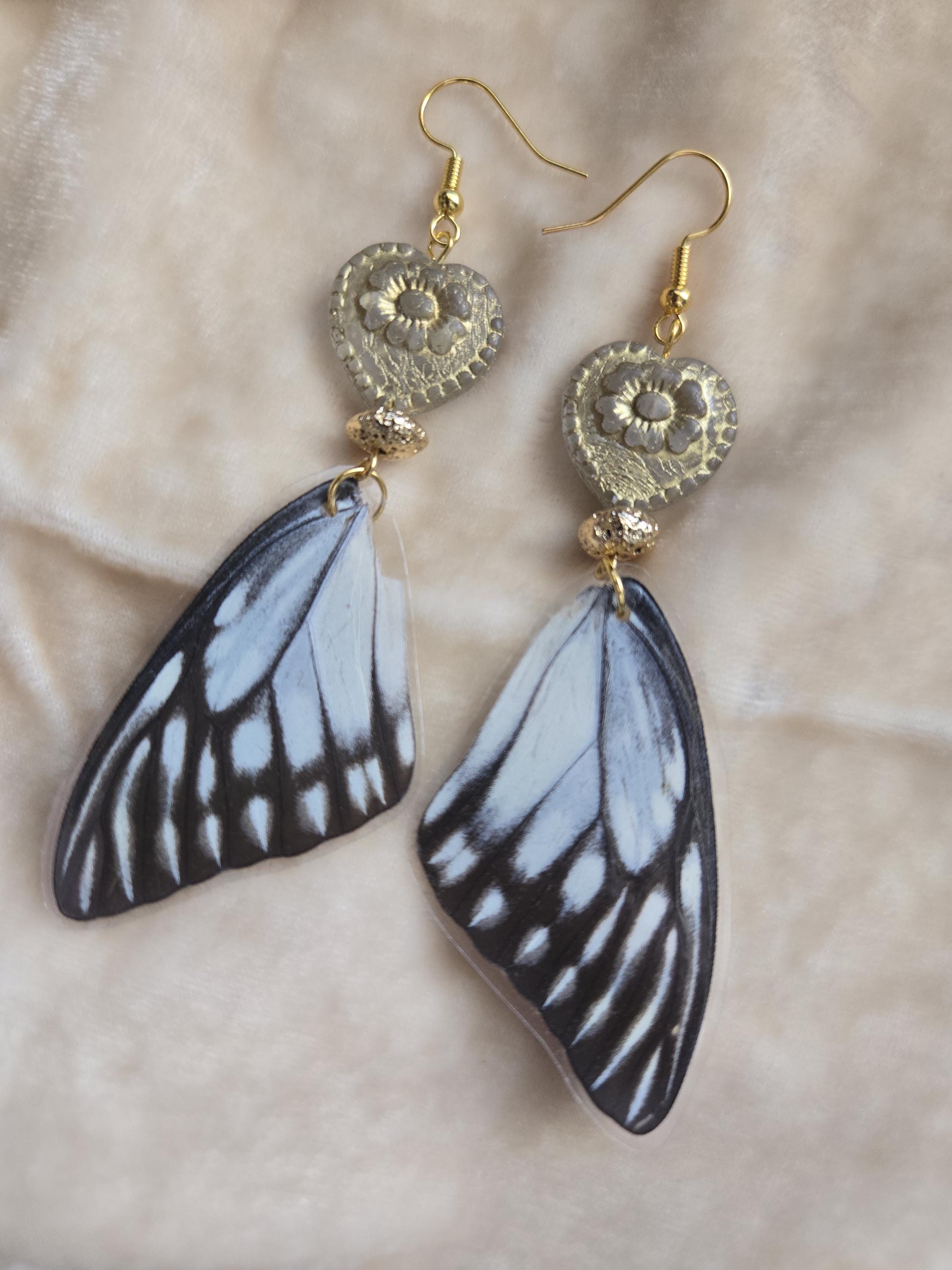 Antique Gold Heart Butterfly Wing Earrings